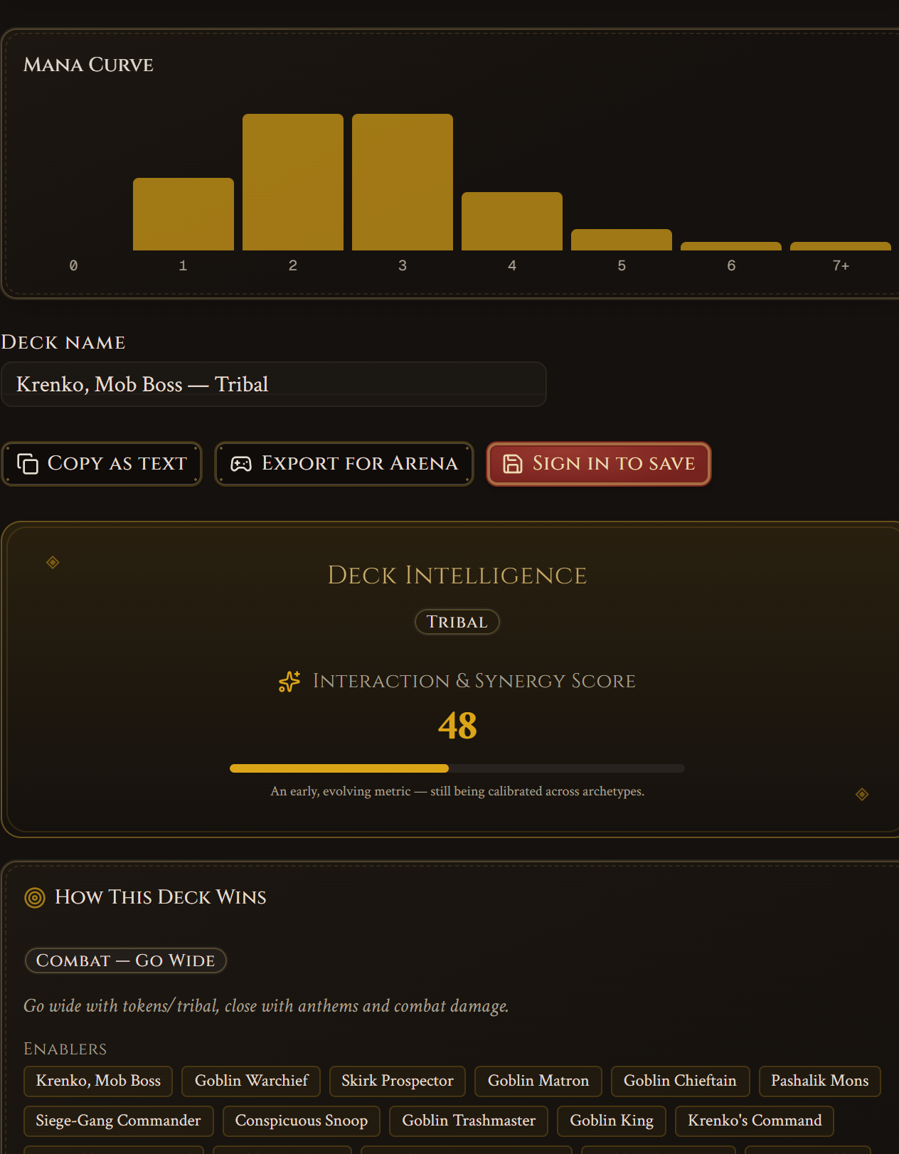 Detail of the Krenko deck result: mana curve, Deck Intelligence score, and enabler and payoff cards under How This Deck Wins